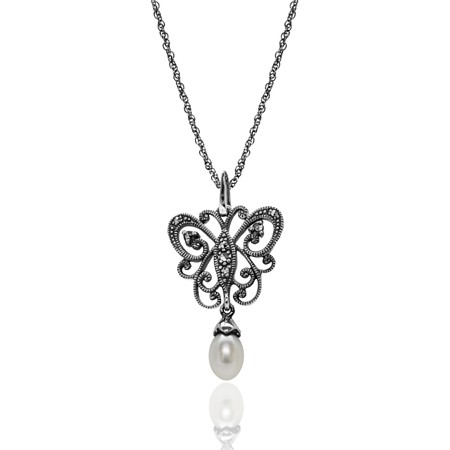 Marcasite Butterfly Pendant with Marcasite and Pearl - Click Image to Close